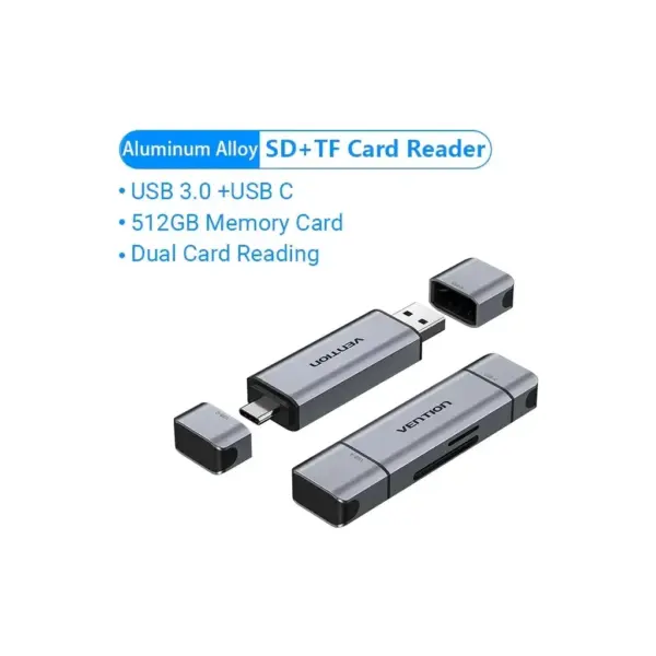 Зчитувач флеш-карт Vention USB 3.0 AM/USB-C to SD+TF Gray Dual Drive Letter Aluminum Alloy (CLLH0)
