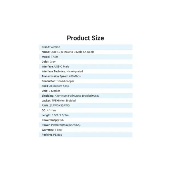 Дата кабель USB-C to USB-C 2.0m 5A aluminum gray Vention (TAEHH)