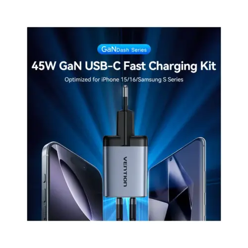 Зарядний пристрій Vention 2xUSB-C PD45W GaN + cable USB-C to USB-C 1.0m 5A gray (TZ-FCFH0-EU)