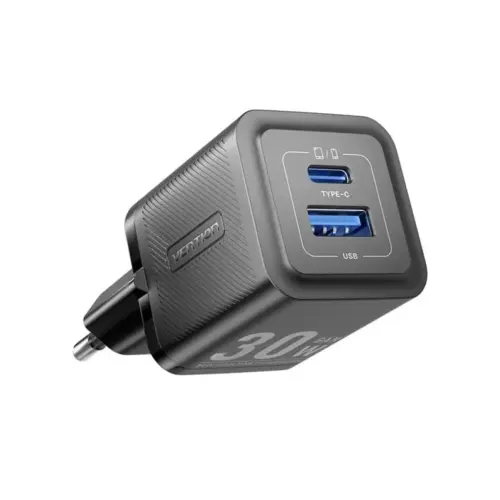 Зарядний пристрій Vention 1xUSB-C PD30W + 1xUSB QC3.0 30W GaN + cable USB-C to USB-C 1.0m black (TZ-FEQB0-EU-01)