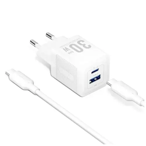 Зарядний пристрій Vention 1xUSB-C PD30W + 1xUSB QC3.0 30W GaN + cable USB-C to USB-C 1.0m white (TZ-FEQW0-EU-01)