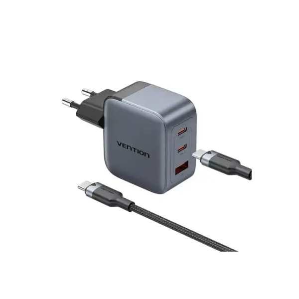 Зарядний пристрій Vention 2xUSB-C PD70W + 1xUSB QC3.0 22.5W GaN + cable USB-C to USB-C 1.0m black gray (TZ-FEXH0-EU)