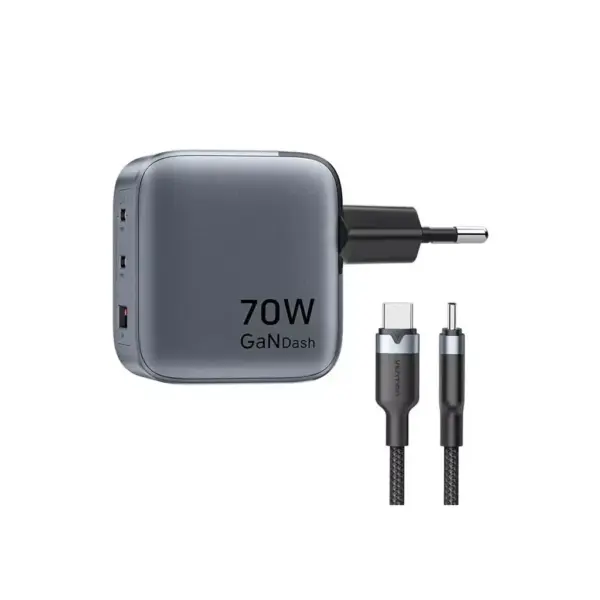 Зарядний пристрій Vention 2xUSB-C PD70W + 1xUSB QC3.0 22.5W GaN + cable USB-C to USB-C 1.0m black gray (TZ-FEXH0-EU)