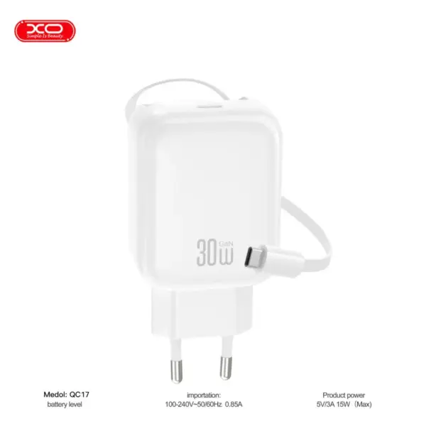 Зарядний пристрій XO 1xUSB-C PD30W GaN + cable USB-C to USB-C (XO-QC17)