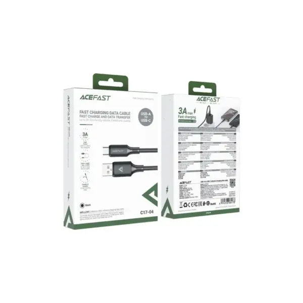 Дата кабель USB 2.0 AM to USB-C 1.2m 3A 60W silicone black Acefast (6974316284178)