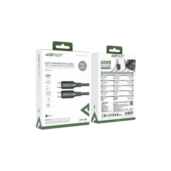 Дата кабель USB-C to USB-C 1.2m 3A 60W silicone black Acefast (6974316284161)