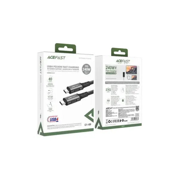 Дата кабель USB-C to USB-C 1.0m USB 4.0 240W audio/video black-grey Acefast (6974316282631)