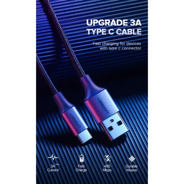Дата кабель USB 2.0 AM to USB-C 0.25m 3A aluminum braid nickel plating black Ugreen (60124)