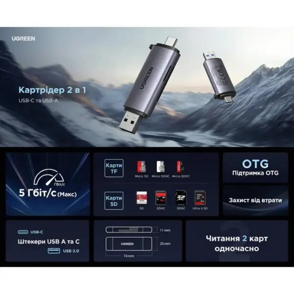 Зчитувач флеш-карт Ugreen USB-C + USB to TF/SD 3.0 CM185 gray (50706)
