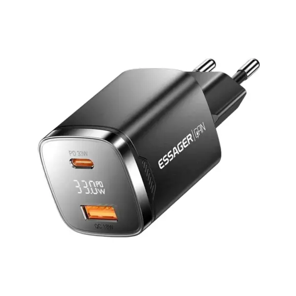 Зарядний пристрій 1xUSB-C + 1xUSB 33W GaN black Essager (ECT33W-GMB01-Z)