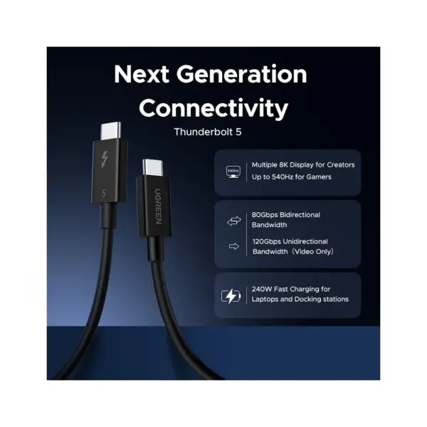 Дата кабель USB-C to USB-C 1.0m Thunderbolt 5 240W 5A 120Gbps 16/8/4K L703 black Ugreen (45996)