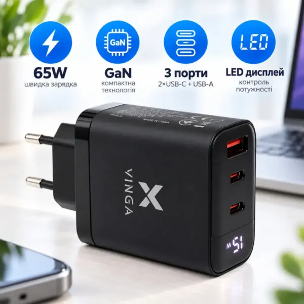 Зарядний пристрій Vinga 2xUSB-C + USB-A Display 65W (VCR65ACCDB)