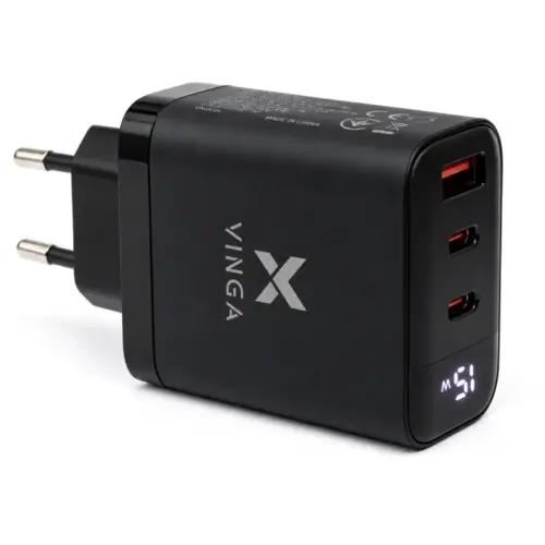 Зарядний пристрій Vinga 2xUSB-C + USB-A Display 65W (VCR65ACCDB)