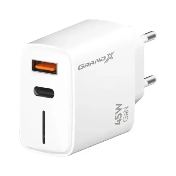 Зарядний пристрій Grand-X GaN 1xUSB-C + 1xUSB QC3.0 45W white (CH-460W)