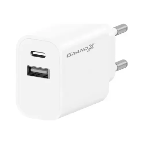 Зарядний пристрій Grand-X 1xUSB-C + 1xUSB 21W OCP white (CH-21W)