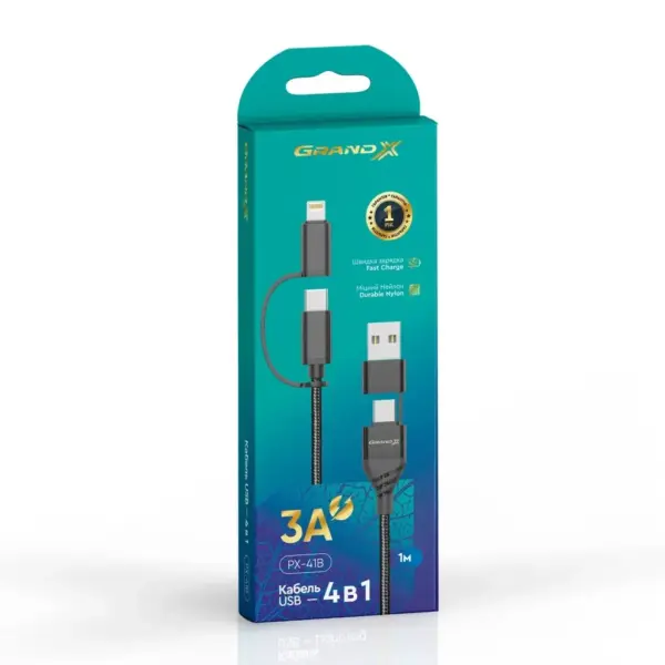 Дата кабель USB-C + USB-A to Lightning + Micro 5P + USB-C 1.0m 2.4-3A black Grand-X (PX-41B)