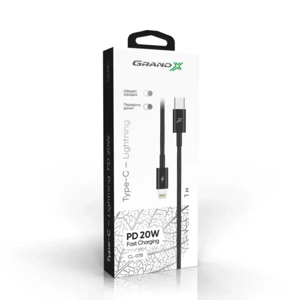 Дата кабель USB-C to Lightning 1.0m 60W black Grand-X (CL-08B)
