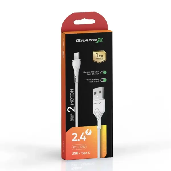 Дата кабель USB 2.0 AM to USB-C 2.0m 2.4A white Grand-X (PC-02W)