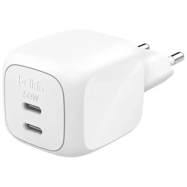 Зарядний пристрій Belkin 2xUSB-C PD50W GaN PPS white (WCH019KQWH)