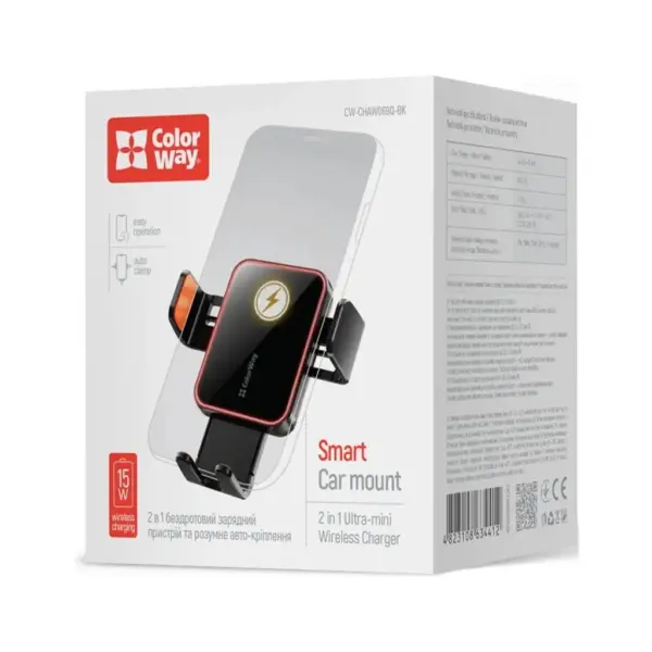 Універсальний автотримач ColorWay Ultra-mini. автозажим, Wireless Charger 15W Black (CW-CHAW069Q-BK)