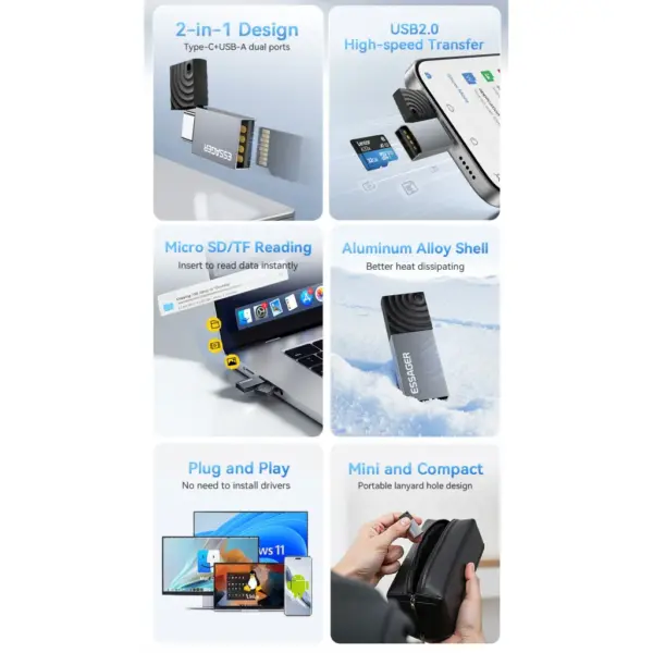 Зчитувач флеш-карт Essager USB-C + USB-A to Micro SD black (EDKTF-QW0G-P) Зчитувач флеш-карт Essager USB-C + USB-A to Micro SD black (EDKTF-QW0G-P)
