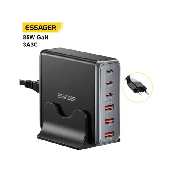 Зарядний пристрій Essager 3xUSB-C + 3xUSB-A 85W GaN black (EZC85W-SXB0G-Z)