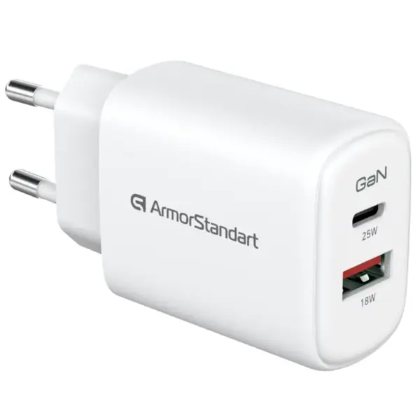 Зарядний пристрій Armorstandart 1xUSB-C + 1xUSB 25W GaN white (ARM89532)