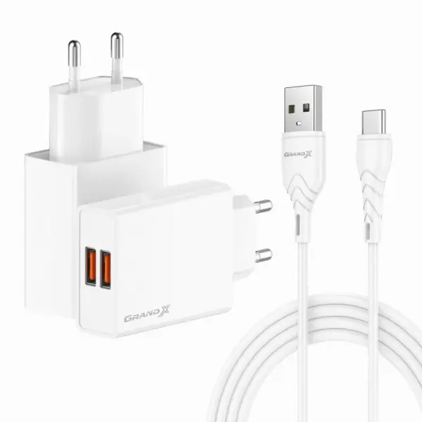 Зарядний пристрій Grand-X 2xUSB 5V 2.4A + cable USB to USB-C white (CH-15WT)
