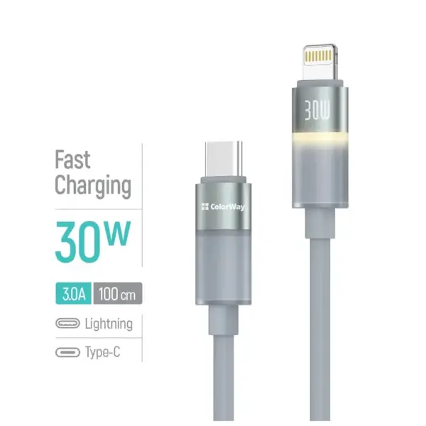 Дата кабель USB-C to Lightning 1.0m PD30W warm light gray ColorWay (CW-CBPDCL092-GR)