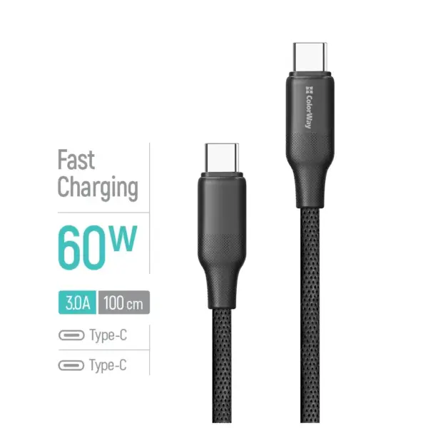 Дата кабель USB-C to USB-C 1.0m 3A 60W TPE embossed black ColorWay (CW-CBPDCC101-BK) Дата кабель USB-C to USB-C 1.0m 3A 60W TPE embossed black ColorWay (CW-CBPDCC101-BK)