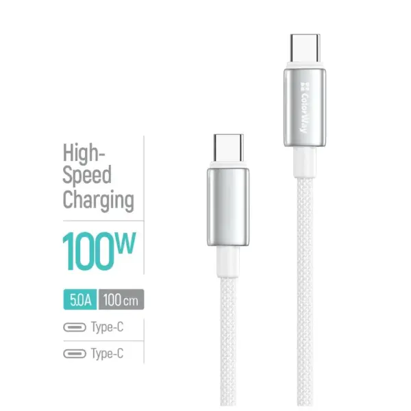 Дата кабель USB-C to USB-C 1.0m 5A 100W zinc alloy braided white ColorWay (CW-CBPDCC098-WT) Дата кабель USB-C to USB-C 1.0m 5A 100W zinc alloy braided white ColorWay (CW-CBPDCC098-WT)