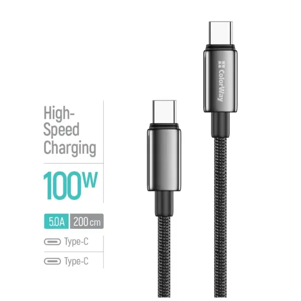 Дата кабель USB-C to USB-C 2.0m 5A 100W zinc alloy braided black ColorWay (CW-CBPDCC099-BK) Дата кабель USB-C to USB-C 2.0m 5A 100W zinc alloy braided black ColorWay (CW-CBPDCC099-BK)