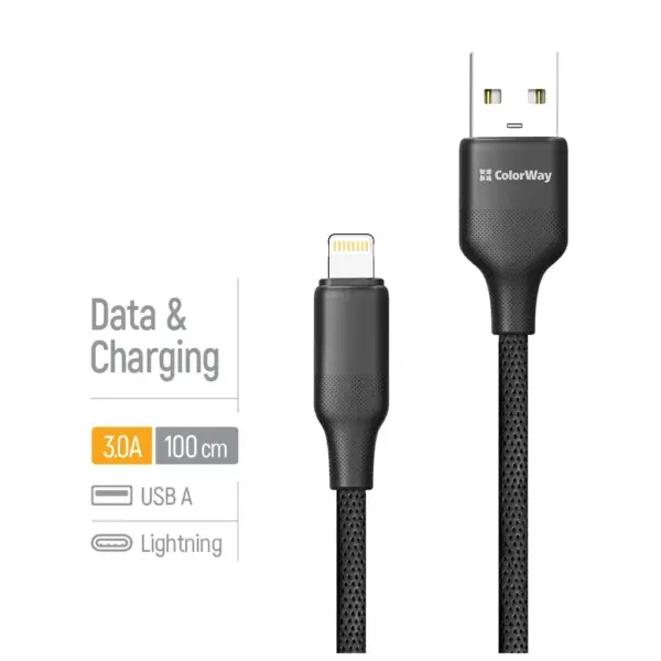 Дата кабель USB 2.0 AM to Lightning 1.0m 3A TPE embossed black ColorWay (CW-CBUL101-BK) Дата кабель USB 2.0 AM to Lightning 1.0m 3A TPE embossed black ColorWay (CW-CBUL101-BK)