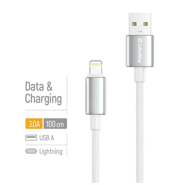 Дата кабель USB 2.0 AM to Lightning 1.0m 3A zinc alloy braided white ColorWay (CW-CBUL098-WT)
