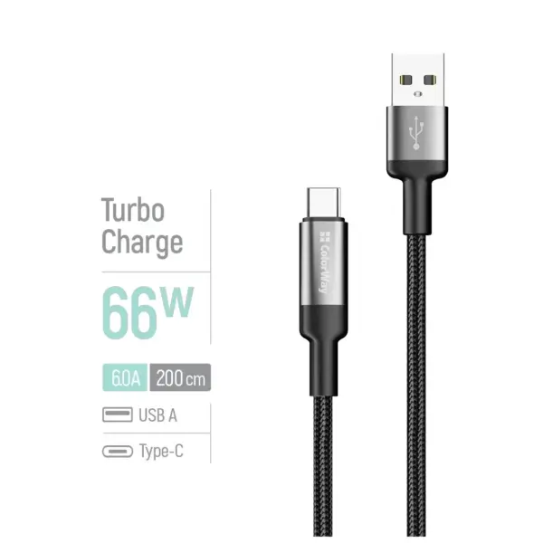 Дата кабель USB 2.0 AM to USB-C 2.0m 6A braided wire black ColorWay (CW-CBUC097-BK)