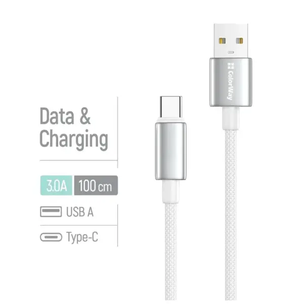 Дата кабель USB 2.0 AM to USB-C 1.0m 3A zinc alloy braided white ColorWay (CW-CBUC098-WT)