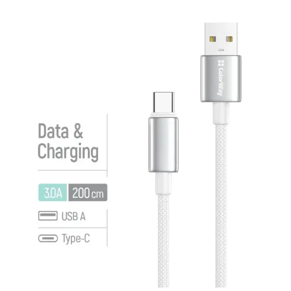 Дата кабель USB 2.0 AM to USB-C 2.0m 3A zinc alloy braided white ColorWay (CW-CBUC099-WT)