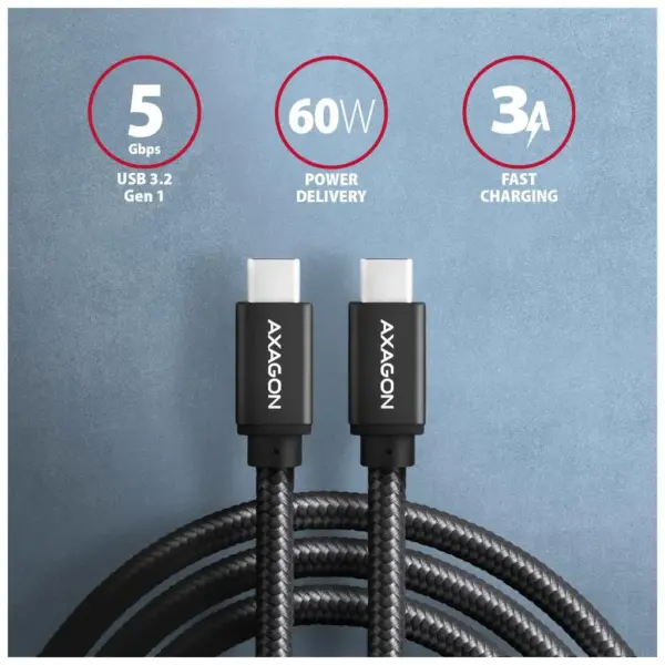 Дата кабель USB-C to USB-C 1.0m v3.2 Gen 1 PD 60W 3A black AXAGON (BUCM3-CM10AB)