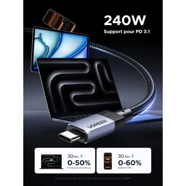 Дата кабель USB-C to USB-C 2.0m 240W 10Gbps braided black Ugreen (95619)