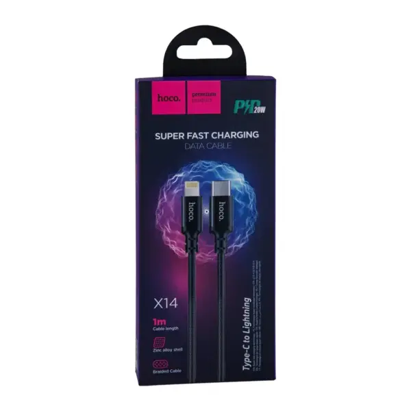 Дата кабель USB-C to Lightning 1.0m 3A 20W nylon X14 black HOCO (6931474752192)
