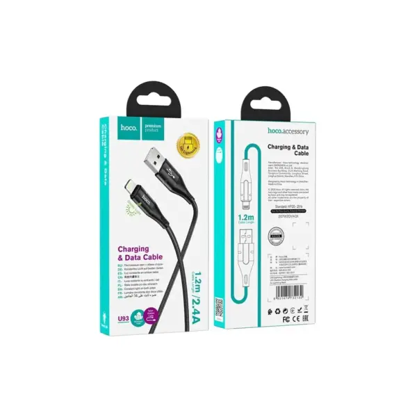 Дата кабель USB 2.0 AM to Lightning 1.2m 2.4A nylon light indicator U93 black HOCO (6931474732132)