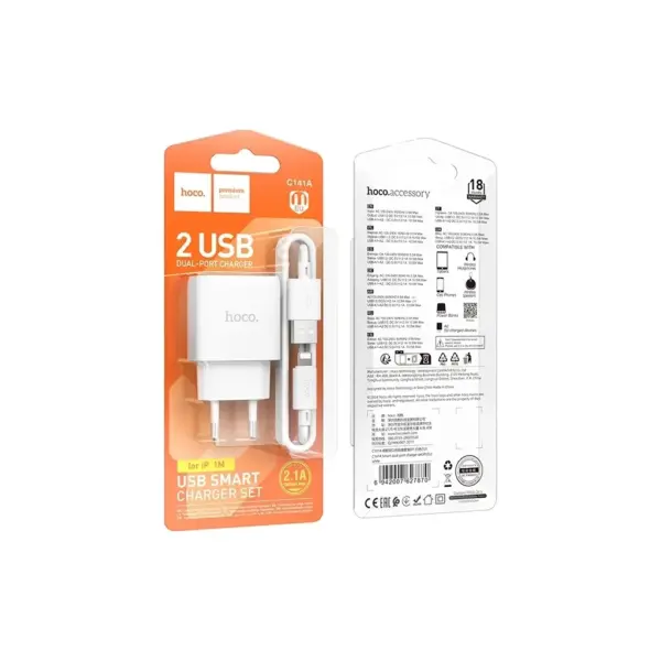 Зарядний пристрій HOCO C141A 2xUSB + cable USB to Lightning white (6942007627870)