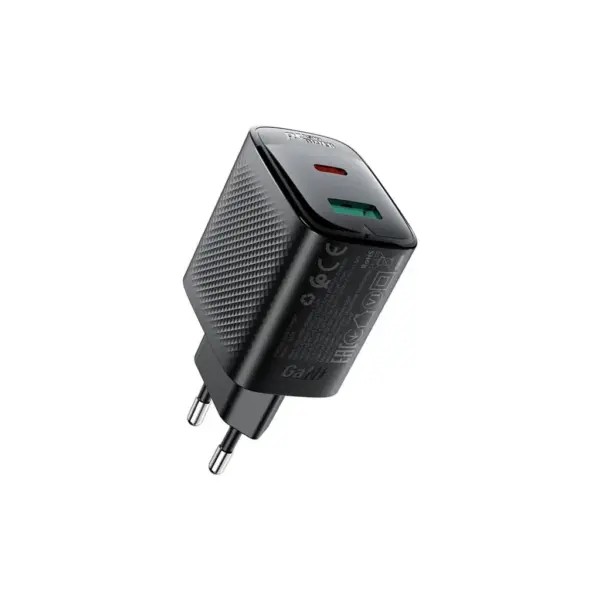 Зарядний пристрій Acefast A106 1xUSB-C PD45W + 1xUSB QC3.0 GaN black (6974316284031)