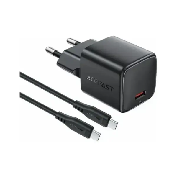 Зарядний пристрій Acefast USB-C PD20W GaN + cable USB-C to USB-C black (6974316286509)