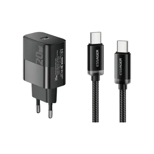 Зарядний пристрій Essager USB-C PD20W + cable USB-C to USB-C 60W black (E20JSB1-SYTT1-T)