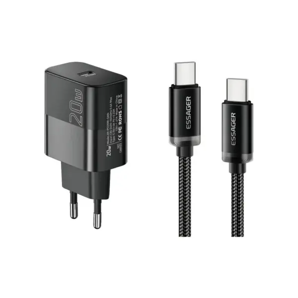 Зарядний пристрій Essager USB-C PD20W + cable USB-C to USB-C 60W black (E20JSB1-SYTT1-T)