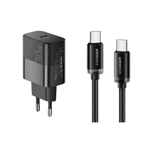 Зарядний пристрій Essager USB-C PD30W + cable USB-C to USB-C 60W black (E30JSB1-SYTT1-T)
