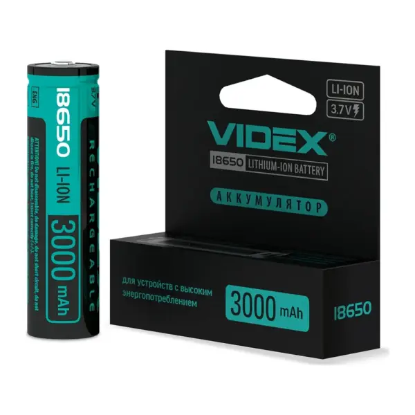 Акумулятор 18650 3000mAh Li-Ion, protect, color box/1шт Videx (18650-P/3000/1CB)