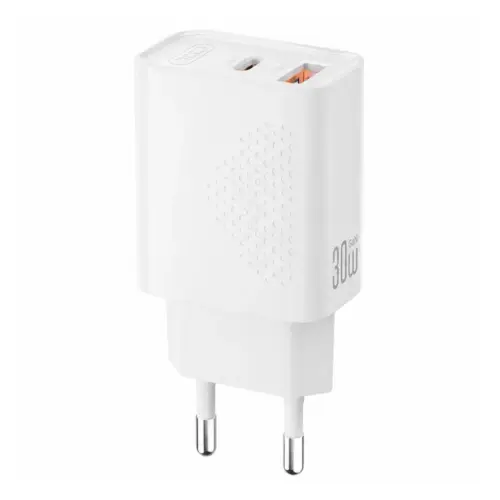 Зарядний пристрій XO QC16U 1xUSB-C PD30W + 1xUSB QC3.0 GaN white (XO-QC16U)