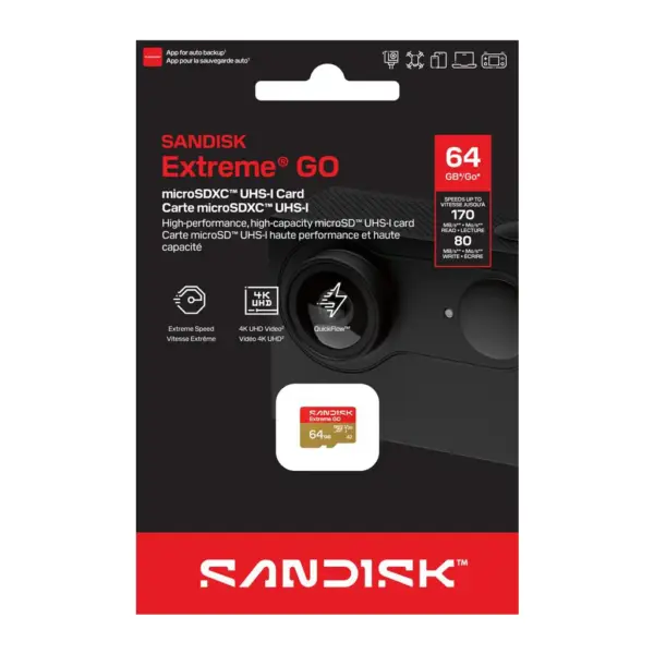 Карта пам'яті SanDisk 64GB microSDXC C10 UHS-I U3 A2 V30 R170/W80MB/s Extreme GO (SDSQXGN-064G-GN6MN)